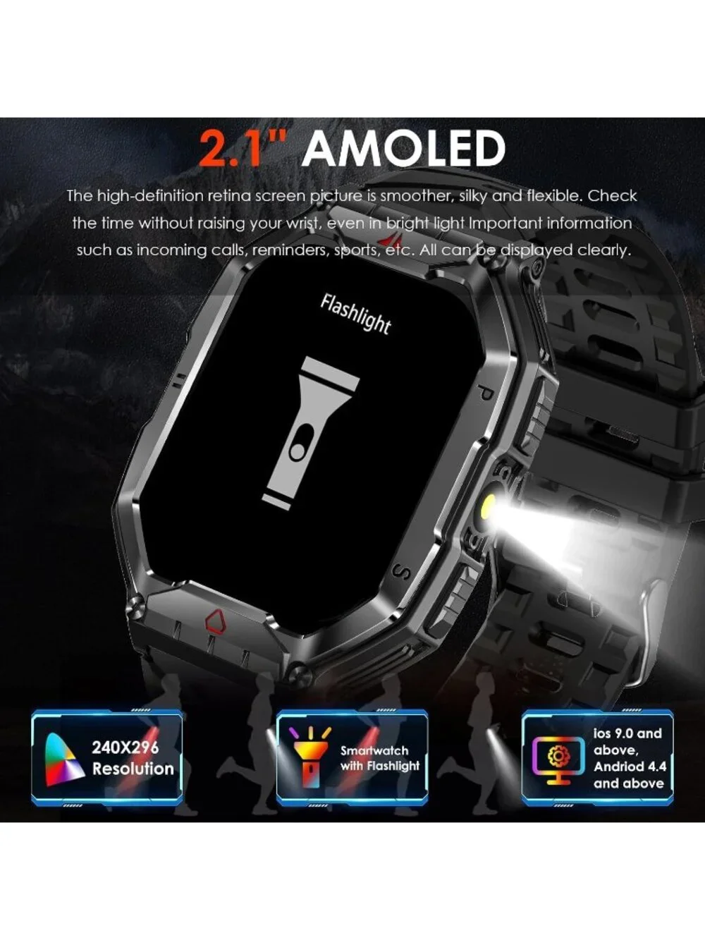 Black Waterproof Sports Fitness Tracker Smartwatch with Full Touch Display